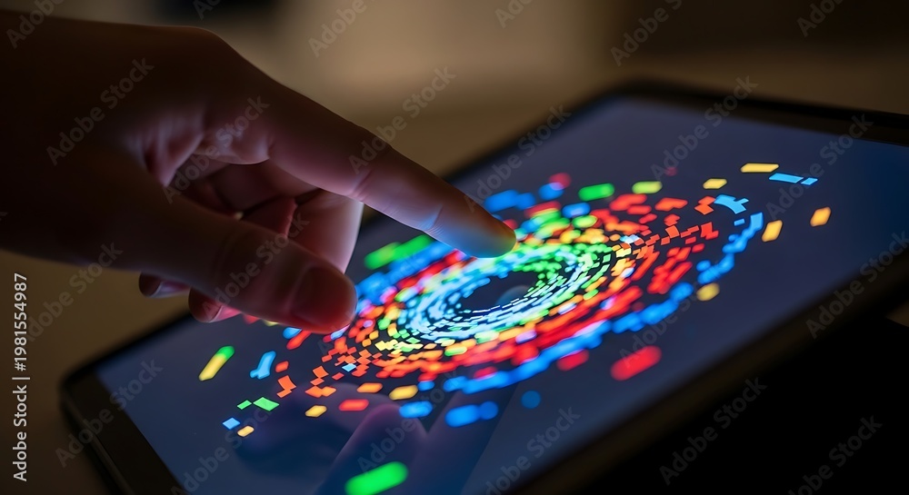 Fototapeta premium A hand interacts with a tablet showing a colorful, swirling abstract digital design
