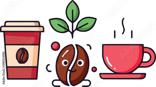 A cartoon coffee bean grows between a disposable cup and mug outdoors