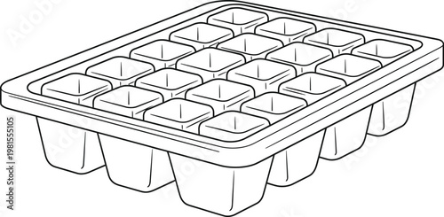 Detailed line drawing of an ice cube tray with multiple square compartments