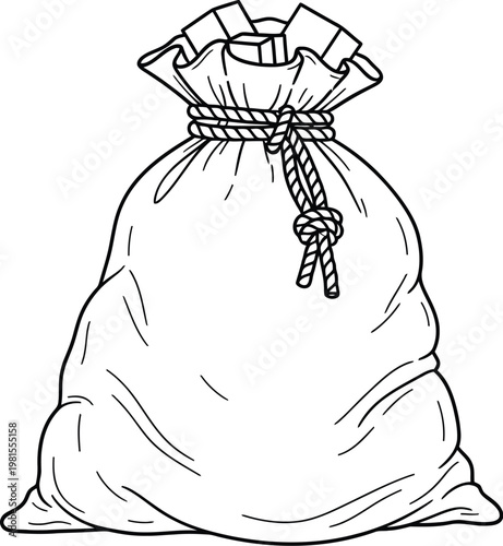 A large money bag with a rope tied around the top for secure storage purposes