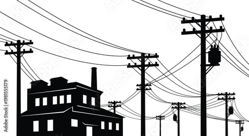 Industrial Factory Building Silhouette with Dense Network of Electric Utility Poles and Power Lines for Energy Infrastructure and Urban Development