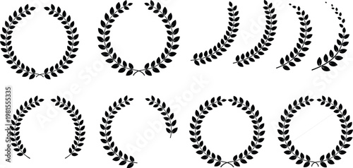 Laurel wreath icon collection with victory honor achievement success excellence recognition artwork, black vector template set