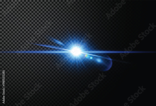 A bright blue light beam effect on a transparent background, isolated glowing lens flare for design and editing