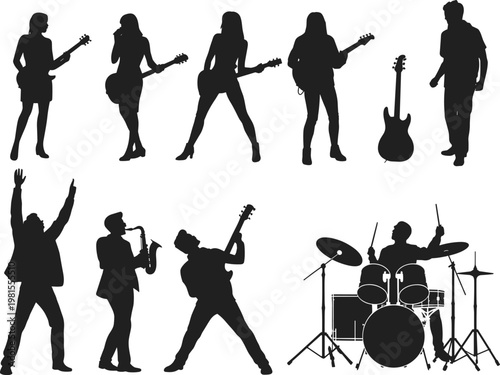 Rock band musician silhouettes set featuring guitarists drummer saxophone singer live performance music concert entertainment illustration collection concept