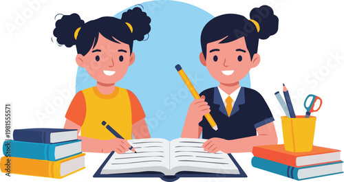 Two young girls study with books and pencils at a desk