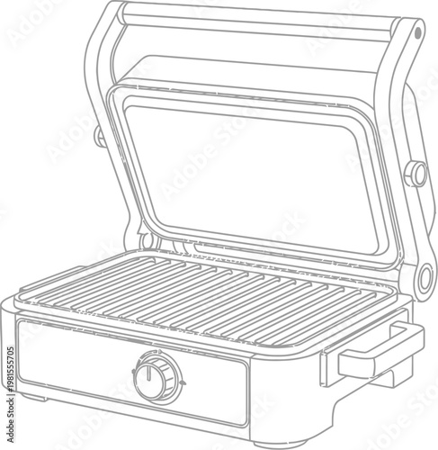 Portable electric grill with open lid and adjustable temperature control