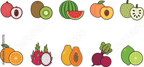 Flat Fruit and Vegetable Icon Set with Lychee, Kiwi, Watermelon, Peach, Custard Apple, Orange, Dragon Fruit, Papaya, Beetroot, and Lime Collection