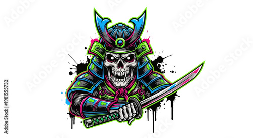 A colorful skull wearing a samurai helmet and holding a sword