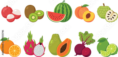 Fresh Fruit and Vegetable Icon Set with Lychee, Kiwi, Watermelon, Peach, Custard Apple, Orange, Dragon Fruit, Papaya, Beetroot, and Lime in Flat Style