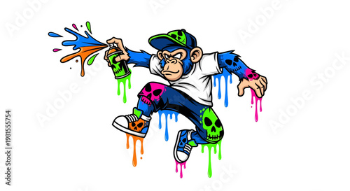 A monkey spray painting a colorful mural