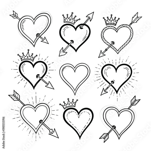 Set of Elegant Hand Drawn Heart and Crown Illustrations for Romantic Love or Valentine Themed Designs