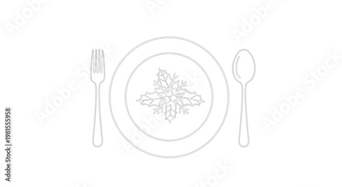 Simple line drawing of a plate with holly, fork, and spoon for a festive table setting