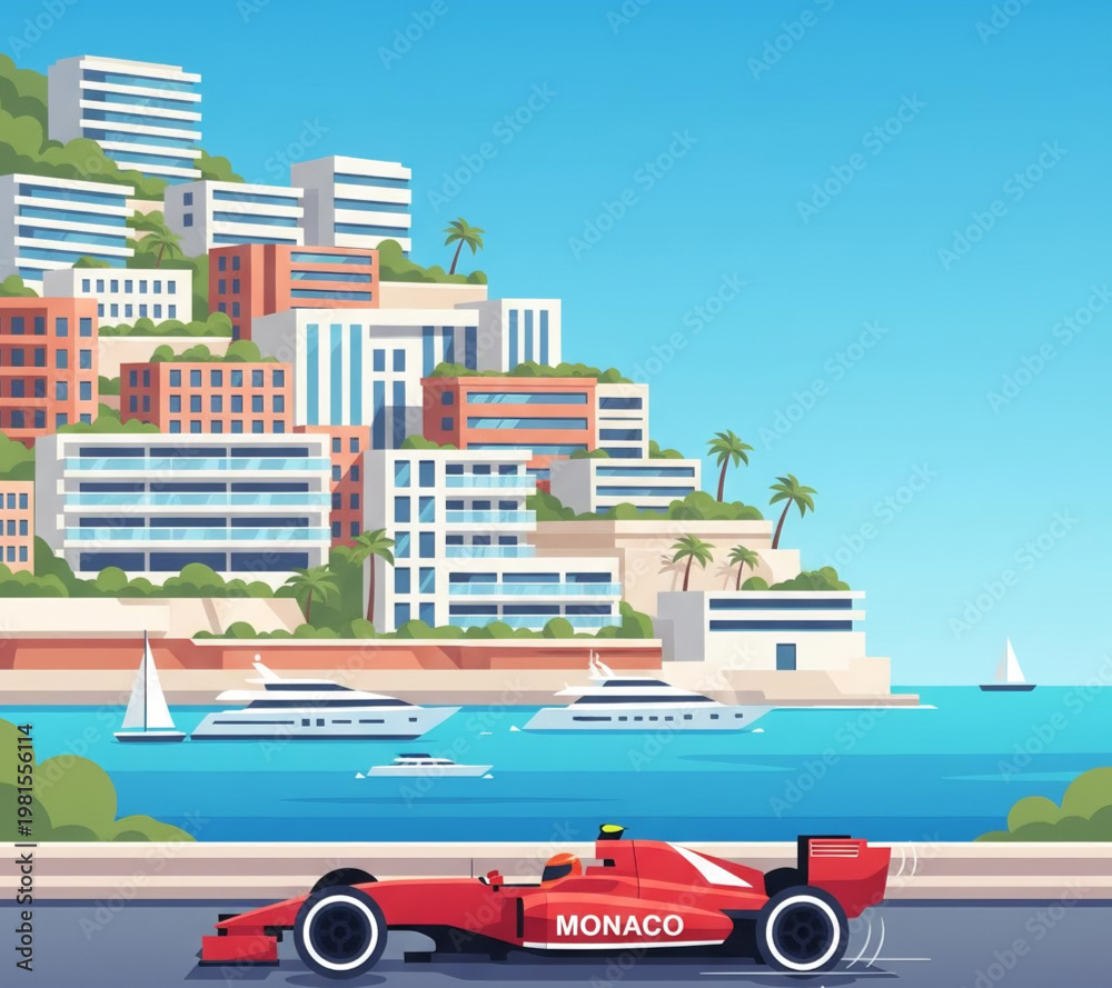 Fototapeta premium Vibrant vector art depicting a powerful race car on a scenic coastal road, with a luxurious urban backdrop of modern architecture and elegant yachts in the serene bay