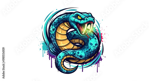 A blue and yellow snake with its mouth open