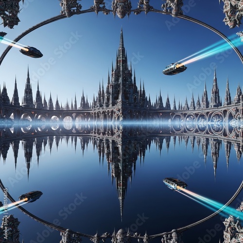 A circular sky lake mirrors the entire fractal based city above