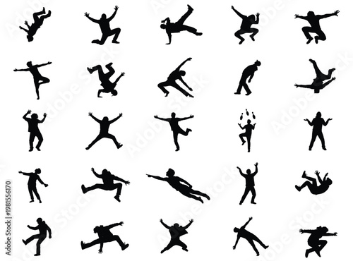 Dynamic black human silhouettes in various active poses including dancing jumping and falling.