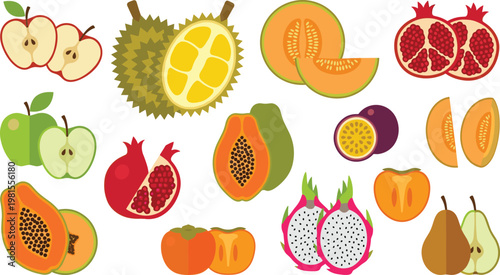 Exotic and Tropical Fruit Icon Set with Apple, Durian, Melon, Pomegranate, Papaya, Dragon Fruit, Persimmon, Pear, and Passion Fruit in Flat Vector Style
