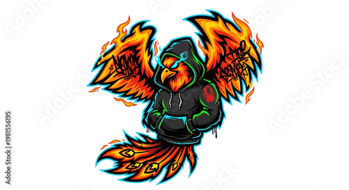 A phoenix wearing a black hoodie with flames on its wings and tail