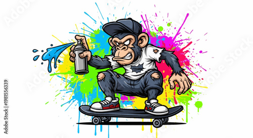 A monkey on a skateboard with a spray can