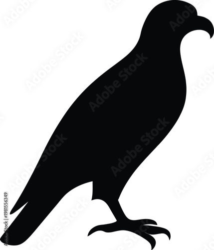 Black silhouette of a bird of prey or hawk standing in profile isolated on a plain white background vector illustration