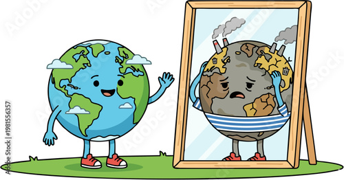 happy earth looking at polluted reflection environmental awareness concept