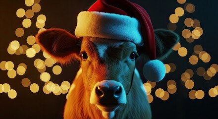 A cow wearing a Santa hat stands in front of Christmas lights indoors.