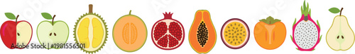 Horizontal Fruit Icon Set with Apple, Durian, Melon, Pomegranate, Papaya, Passion Fruit, Persimmon, Dragon Fruit, and Pear in Flat Vector Style