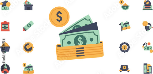 Business illustration depicts money wallet with cash and icons around.