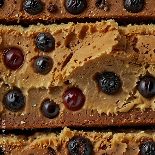 Close-up of raisin spice bar dessert texture with warm bakery background