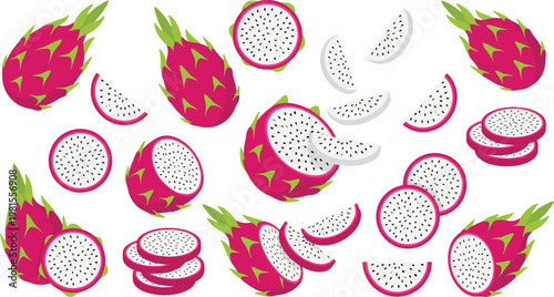 Dragon Fruit Seamless Pattern with Whole Pitaya, Slices, and Halves in Flat Style for Tropical Food Backgrounds, Healthy Eating Designs, and Organic Nutrition Themes