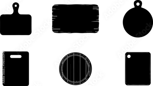 Set of various silhouette cutting board shapes for kitchen design. Kitchen cutting board silhouettes collection, black chopping board shapes isolated on white background.