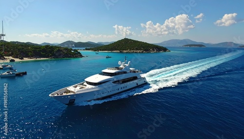 A large luxury vessel cruises through clear blue ocean waters