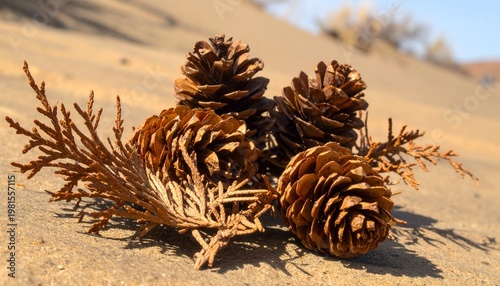 Natural pinecones and evergreen branches rest on sandy terrain