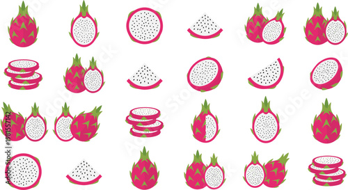 Dragon Fruit Icon Set with Whole Pitaya, Sliced Pieces, and Halves in Flat Design Style for Healthy Food, Tropical Fruit, and Organic Nutrition Themes