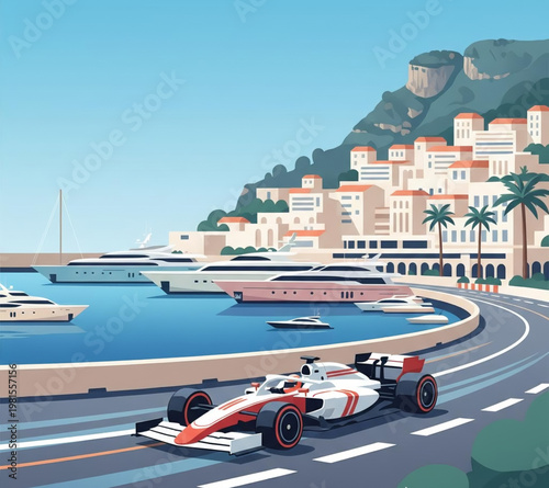 Race car on coastal track illustration. Luxury yachts, hillside city, blue sky. Artwork combining high speed and upscale Mediterranean charm