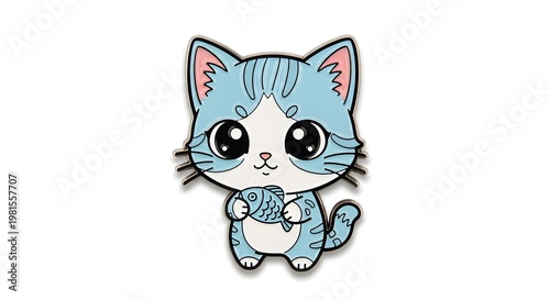 Adorable Cartoon Cat Holding a Fish with Big Expressive Eyes and Playful Posture, Cute Kitten Character Illustration for Children’s Content