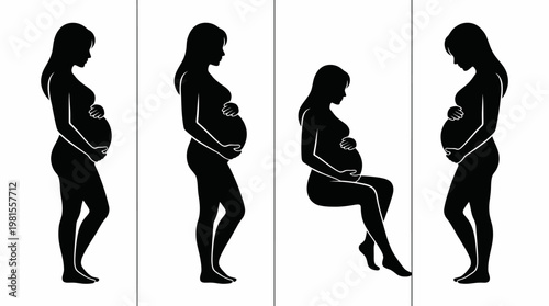 Pregnant Woman Silhouette Vector Set – 4 Maternity Poses in Clean Grid Layout