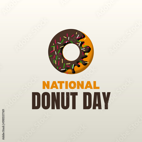 Celebrate National Donut Day with this vibrant chocolate-frosted donut illustration. Featuring colorful sprinkles and a modern layout, it is ideal for social media posts and bakery ads.