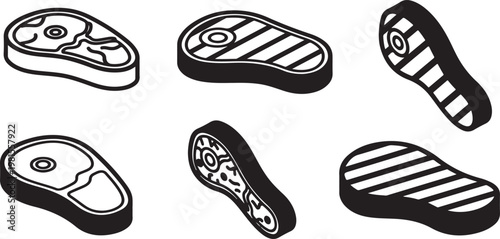 Meat icon set. Beef vector illustration. BBQ sign. Steak symbol. Raw meat pictogram. Grilled steak icon.