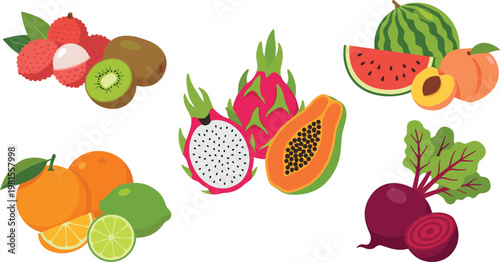 Fresh Tropical Fruit and Vegetable Composition with Dragon Fruit, Papaya, Citrus, Watermelon, Peach, Lychee, Kiwi, and Beetroot in Flat Vector Style