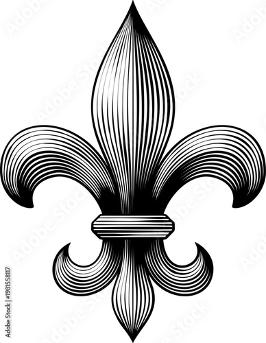 A fleur de lis or fleur de lys stylised lily flower royal heraldic medieval heraldry symbol in a vintage woodcut etching illustration style.