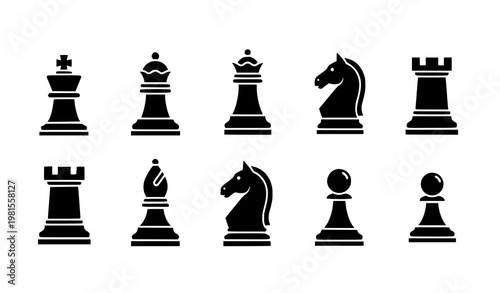 Chess icon set flat black vector king queen rook knight pawn collection