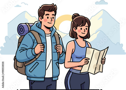 Outdoor adventure couple, a man with a backpack and a woman holding a map, exploring nature. Hiking and trekking journey, travel and tourism vector illustration for web and print.