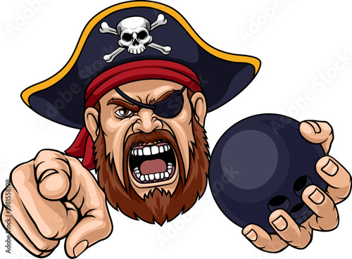A Pirate man holding Bowling ball and pointing sports team cartoon charcater mascot illustration.