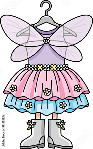Whimsical fairy costume vector illustration, enchanting children's dress-up outfit with delicate wings, a floral belt, and charming boots, perfect for fantasy themes and playful designs.