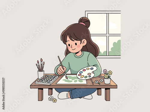 Creative young woman painting, a charming vector illustration of an artist at work. Artistic hobby, a delightful scene of a girl enjoying art and creativity.