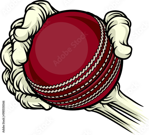 A grim reaper or death skeleton sports team or Halloween event mascot hand holding a cricket ball
