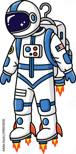 Cute astronaut cartoon vector, space exploration character with jetpack and rocket boots, futuristic cosmic adventure illustration for children's designs