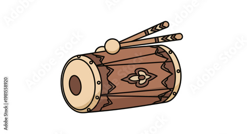 Traditional Indian Dholak Drum with Sticks, Musical Instrument Illustration