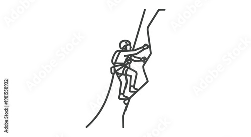 Rock climber scaling a sheer cliff face, outline illustration of extreme sport